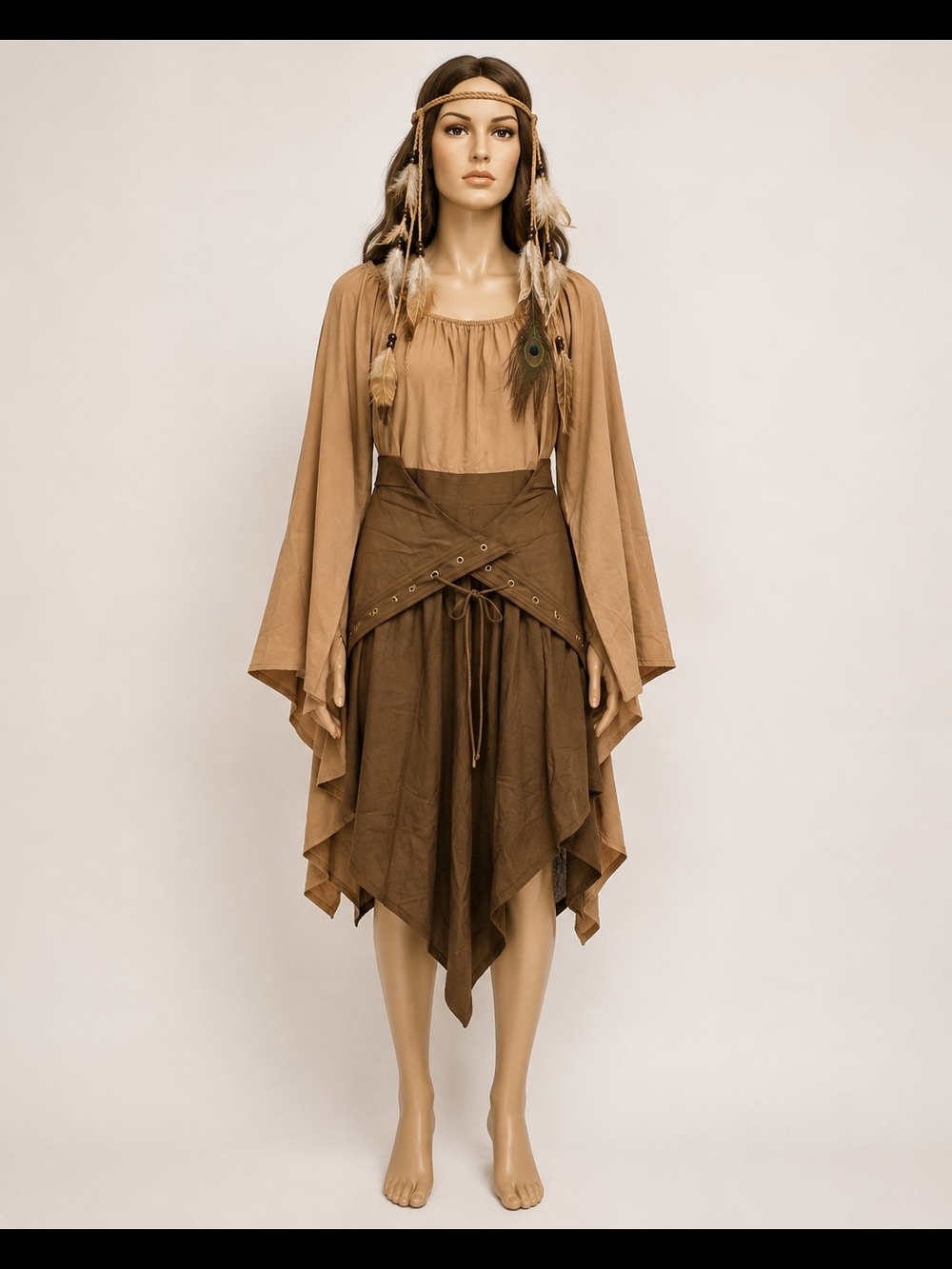 Plus Size Native-Inspired Brown Tan Costume Dress with Feather Headpiece